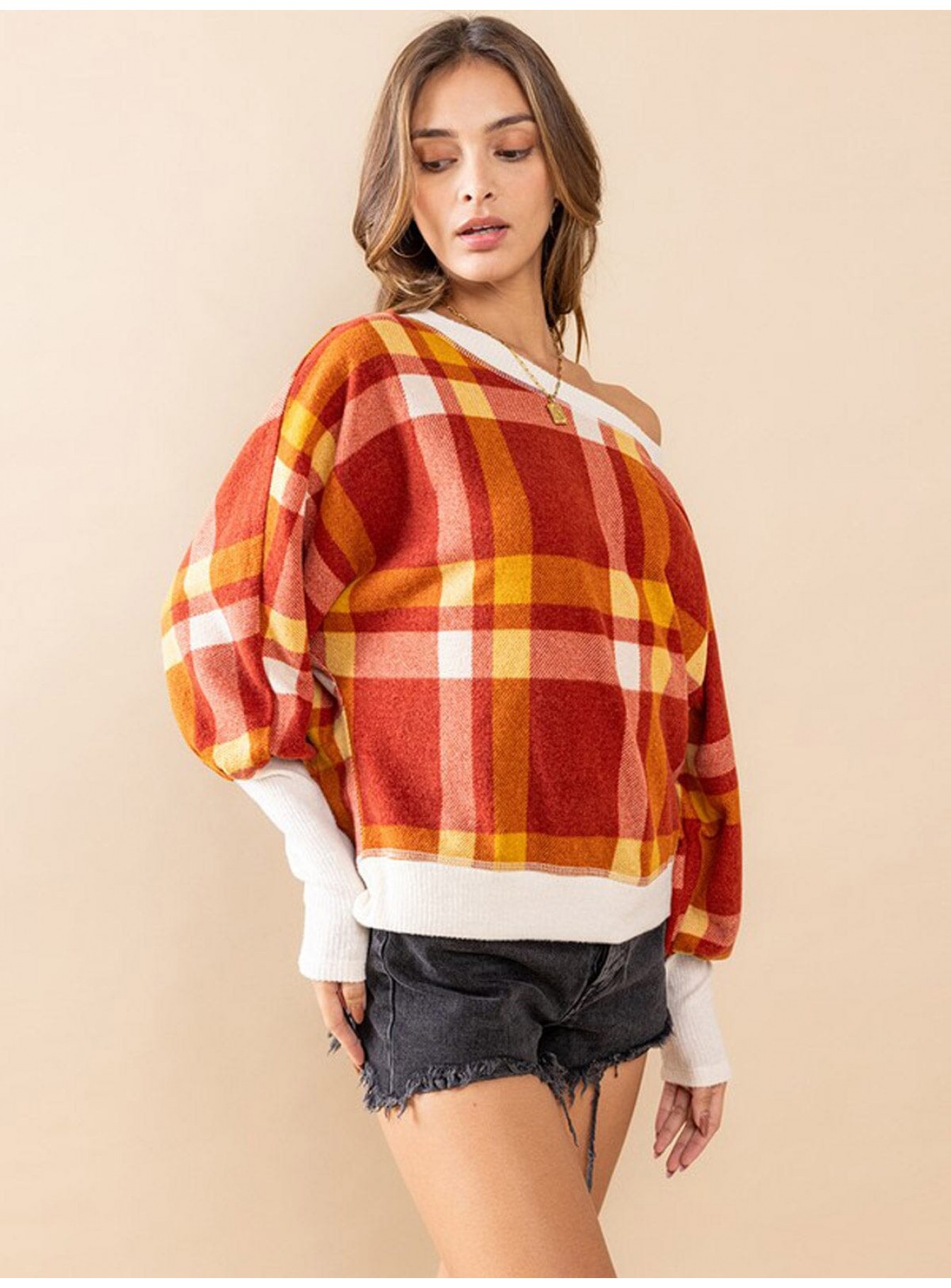 WOMEN'S LONG SLEEVE OFF SHOULDER COLORBLOCK PLAID TOP