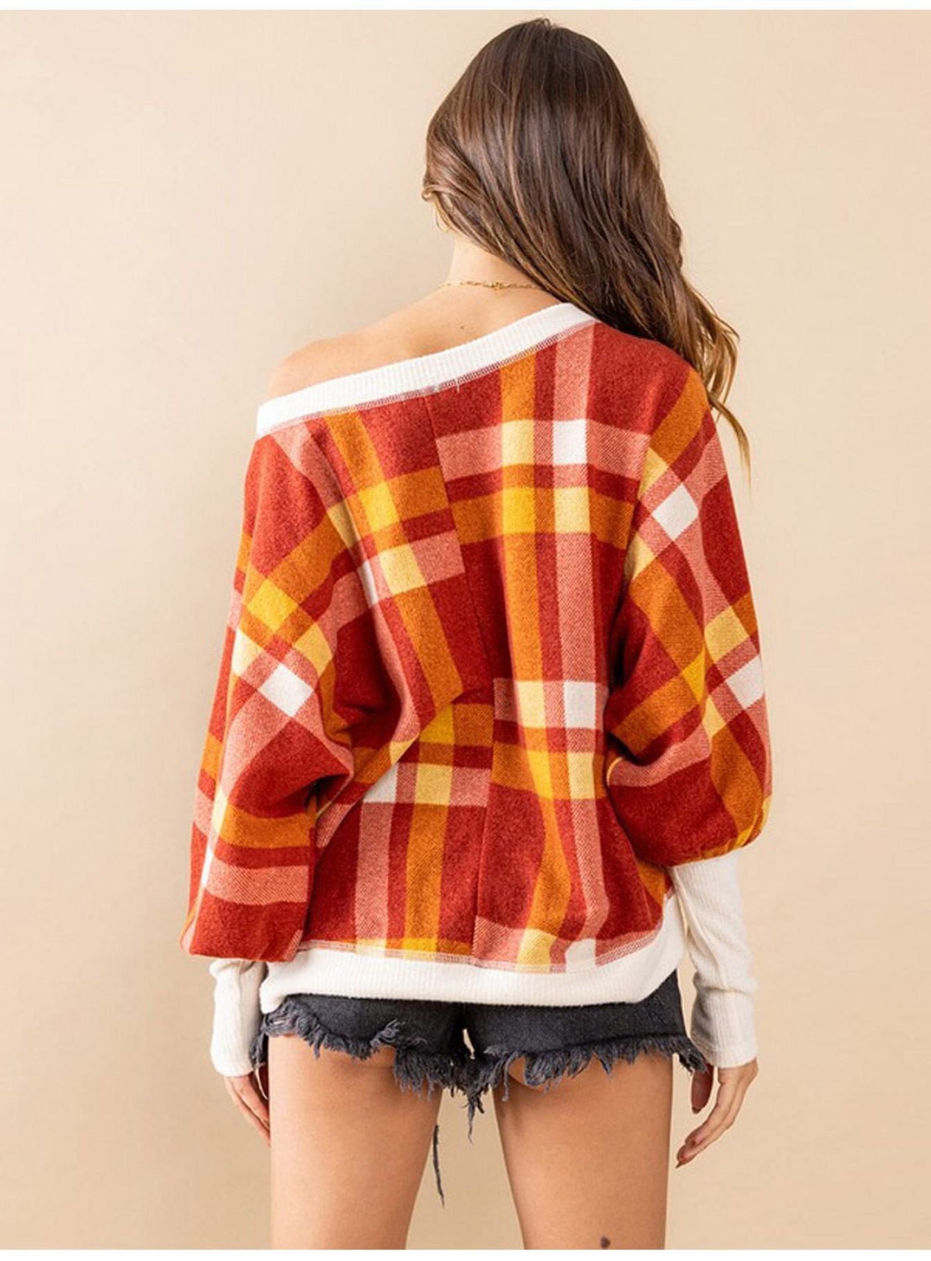 WOMEN'S LONG SLEEVE OFF SHOULDER COLORBLOCK PLAID TOP
