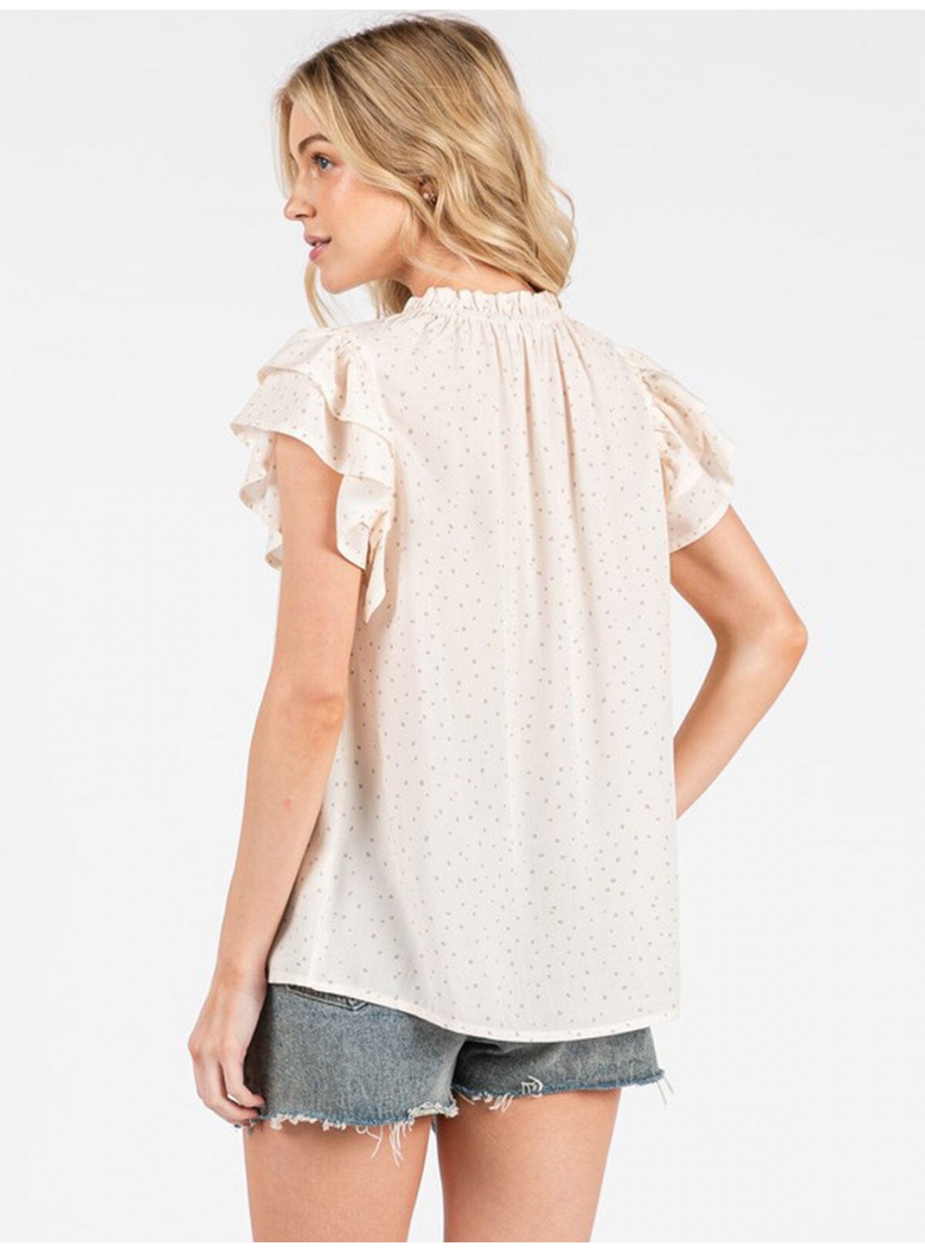WOMEN'S SHORT RUFFLE SLEEVE V-NECK POLKA DOT BLOUSE