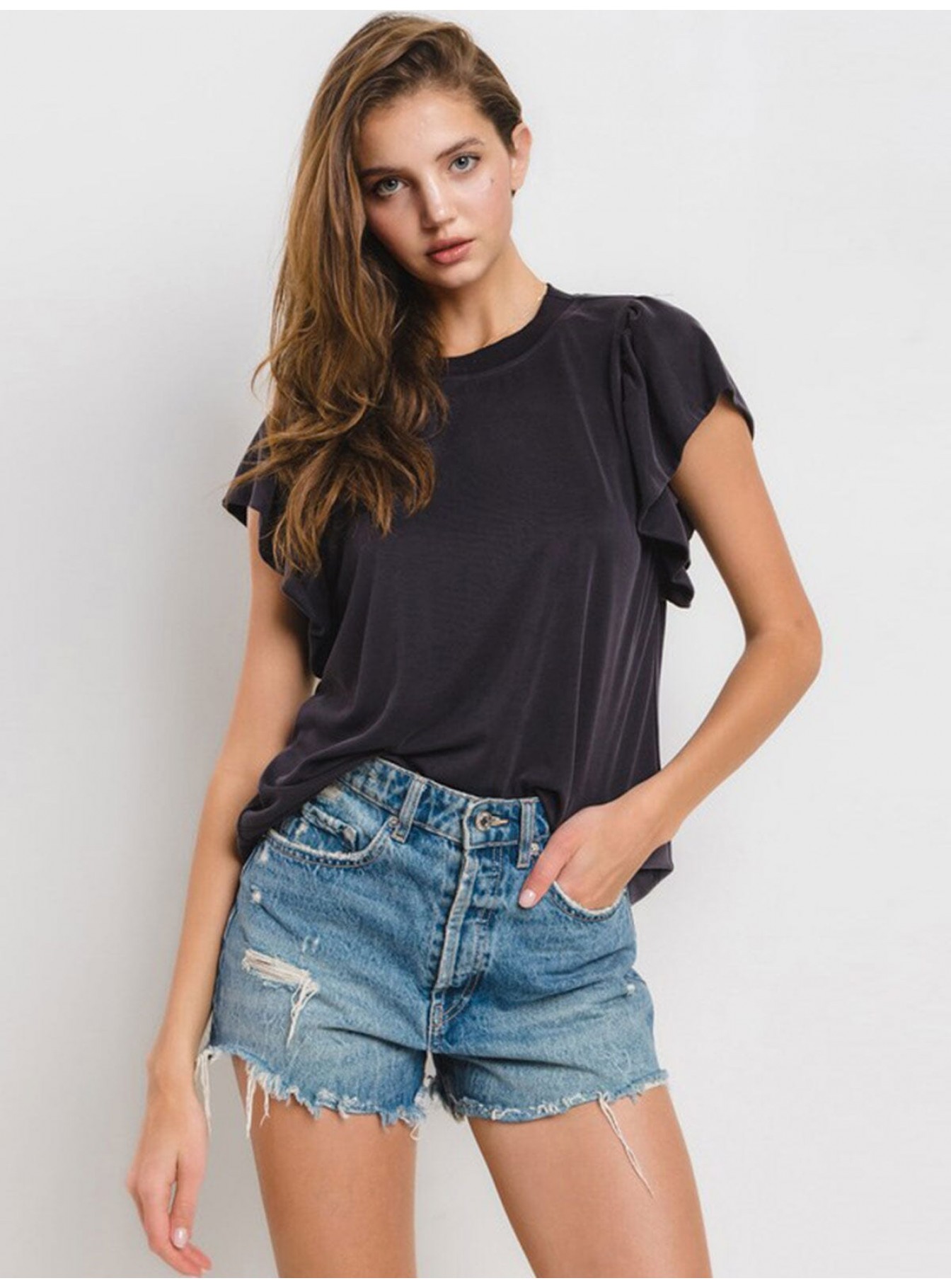 WOMEN'S SHORT RUFFLE SLEEVE BLOUSE WOMEN'S SHORT RUFFLE SLEEVE BLOUSE