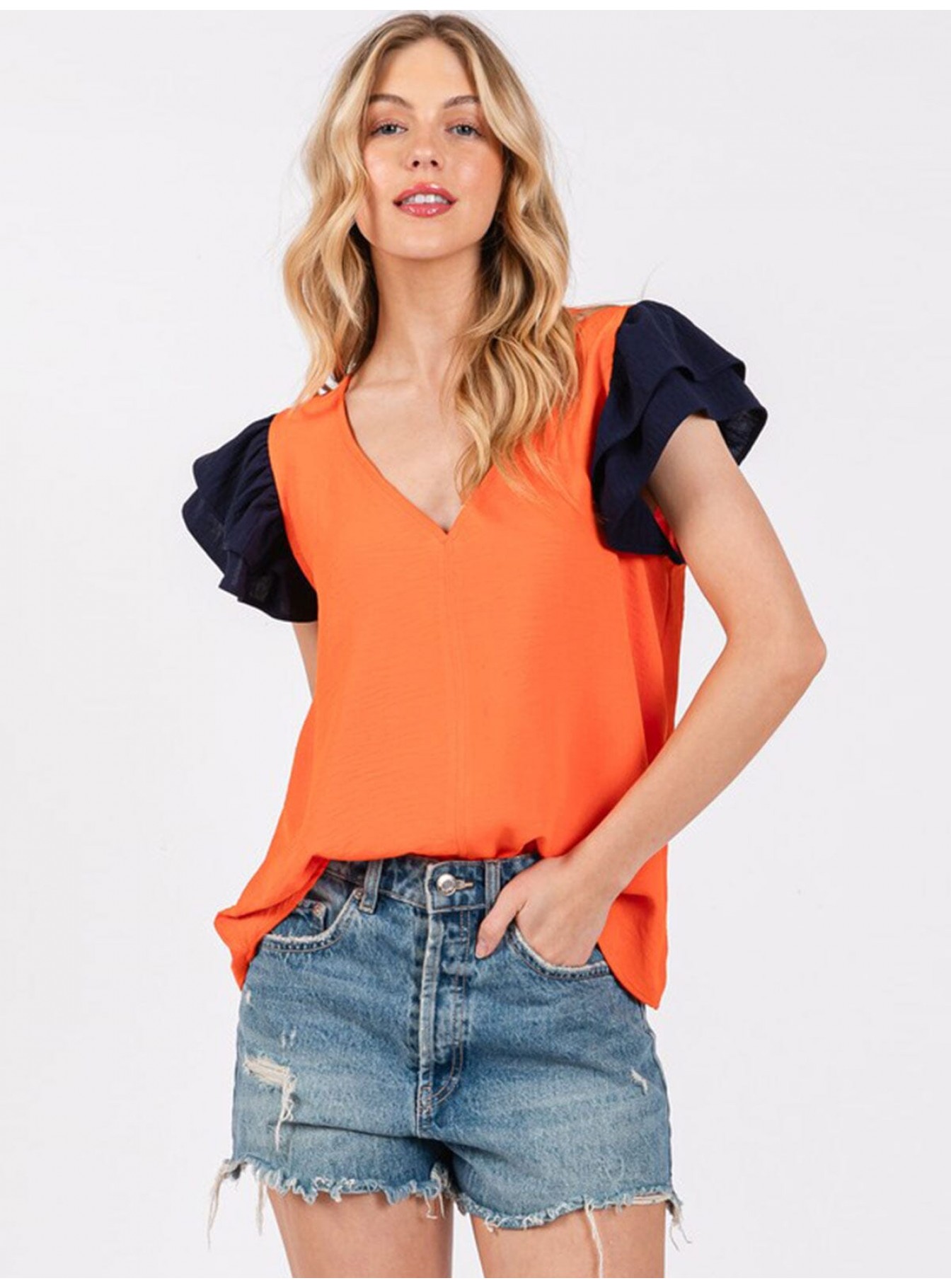 WOMEN'S SHORT RUFFLE SLEEVE V-NECK COLORBLOCK BLOUSE WOMEN'S SHORT RUFFLE SLEEVE V-NECK COLORBLOCK BLOUSE