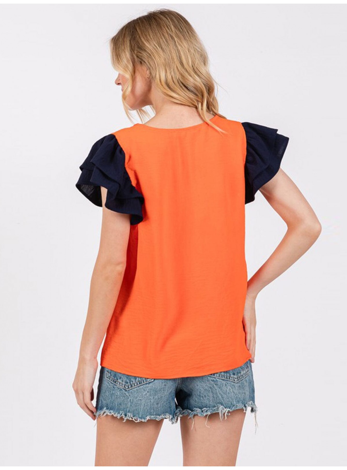 WOMEN'S SHORT RUFFLE SLEEVE V-NECK COLORBLOCK BLOUSE WOMEN'S SHORT RUFFLE SLEEVE V-NECK COLORBLOCK BLOUSE