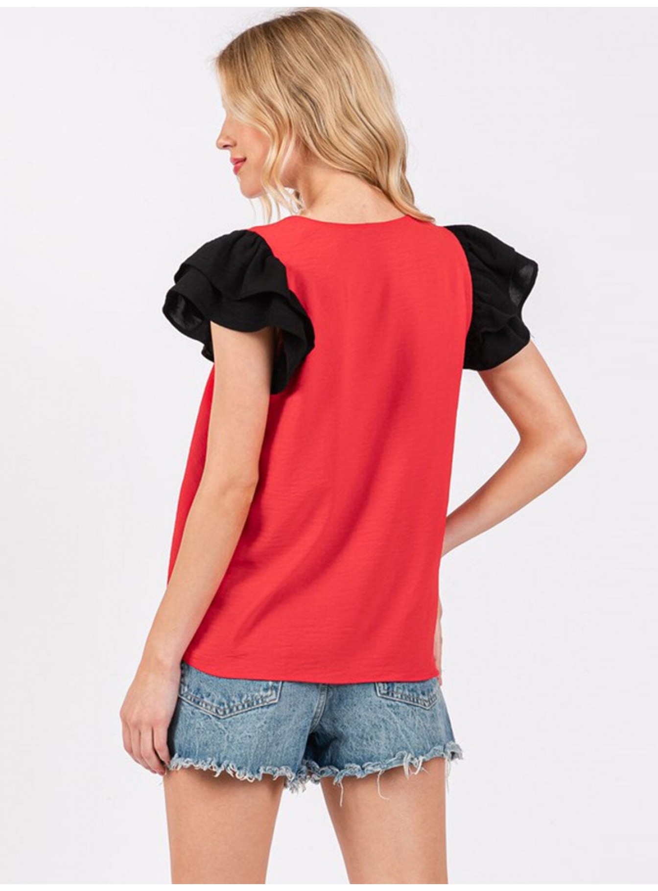 WOMEN'S SHORT RUFFLE SLEEVE V-NECK COLORBLOCK BLOUSE WOMEN'S SHORT RUFFLE SLEEVE V-NECK COLORBLOCK BLOUSE