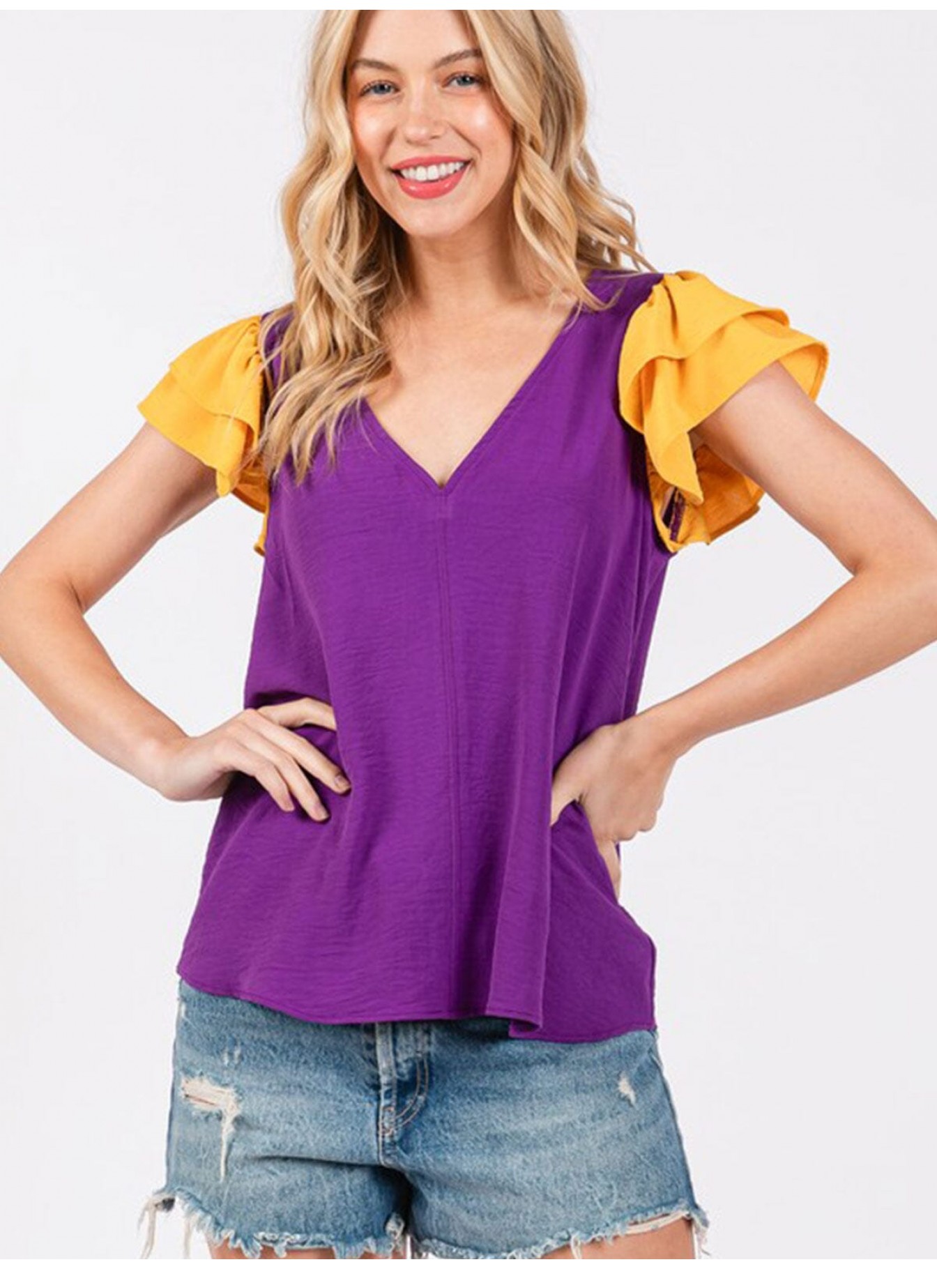 WOMEN'S SHORT RUFFLE SLEEVE V-NECK COLORBLOCK BLOUSE WOMEN'S SHORT RUFFLE SLEEVE V-NECK COLORBLOCK BLOUSE