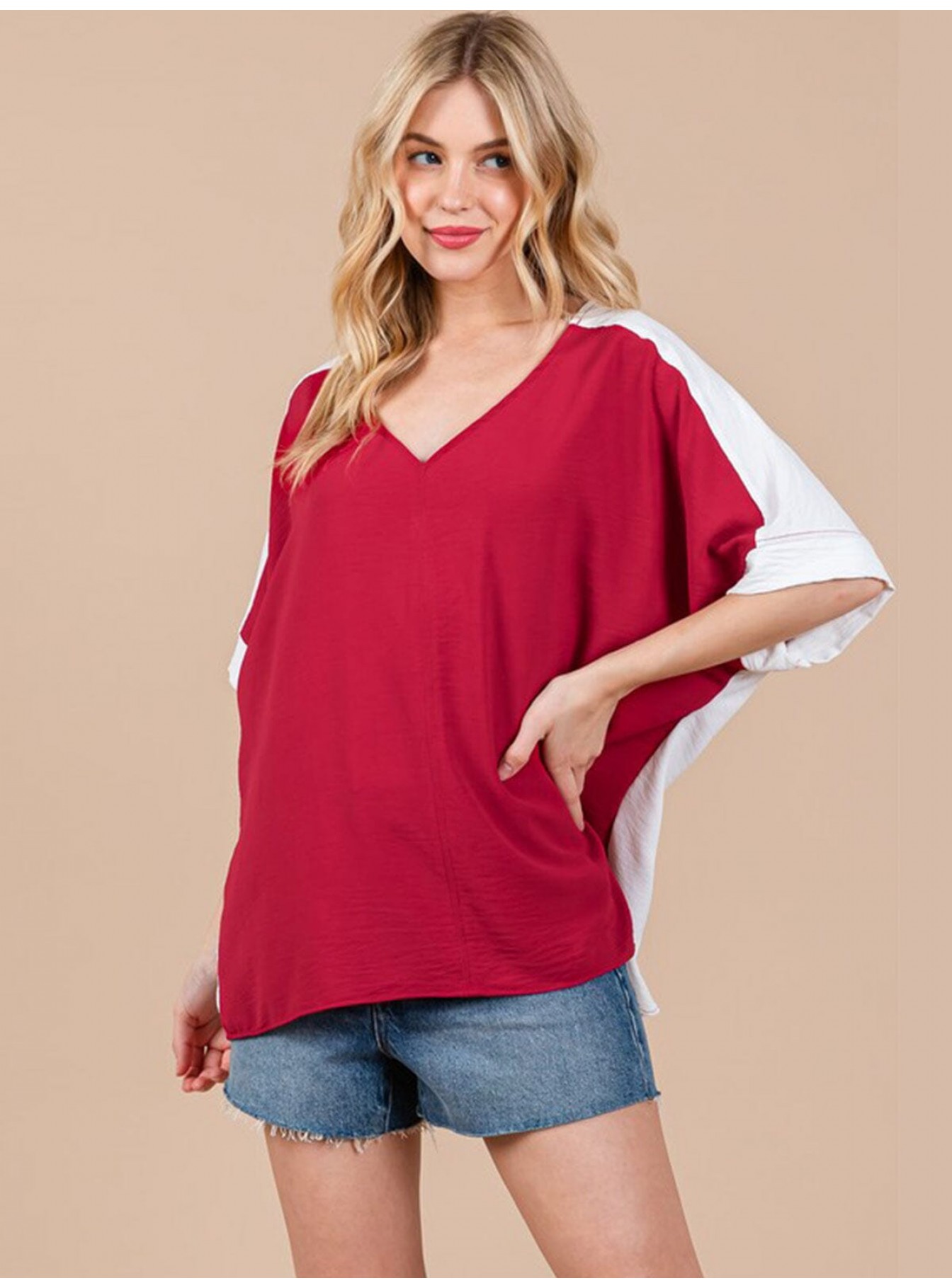 WOMEN'S SHORT SLEEVE V-NECK COLORBLOCK TUNIC HIGH-LOW TOP
