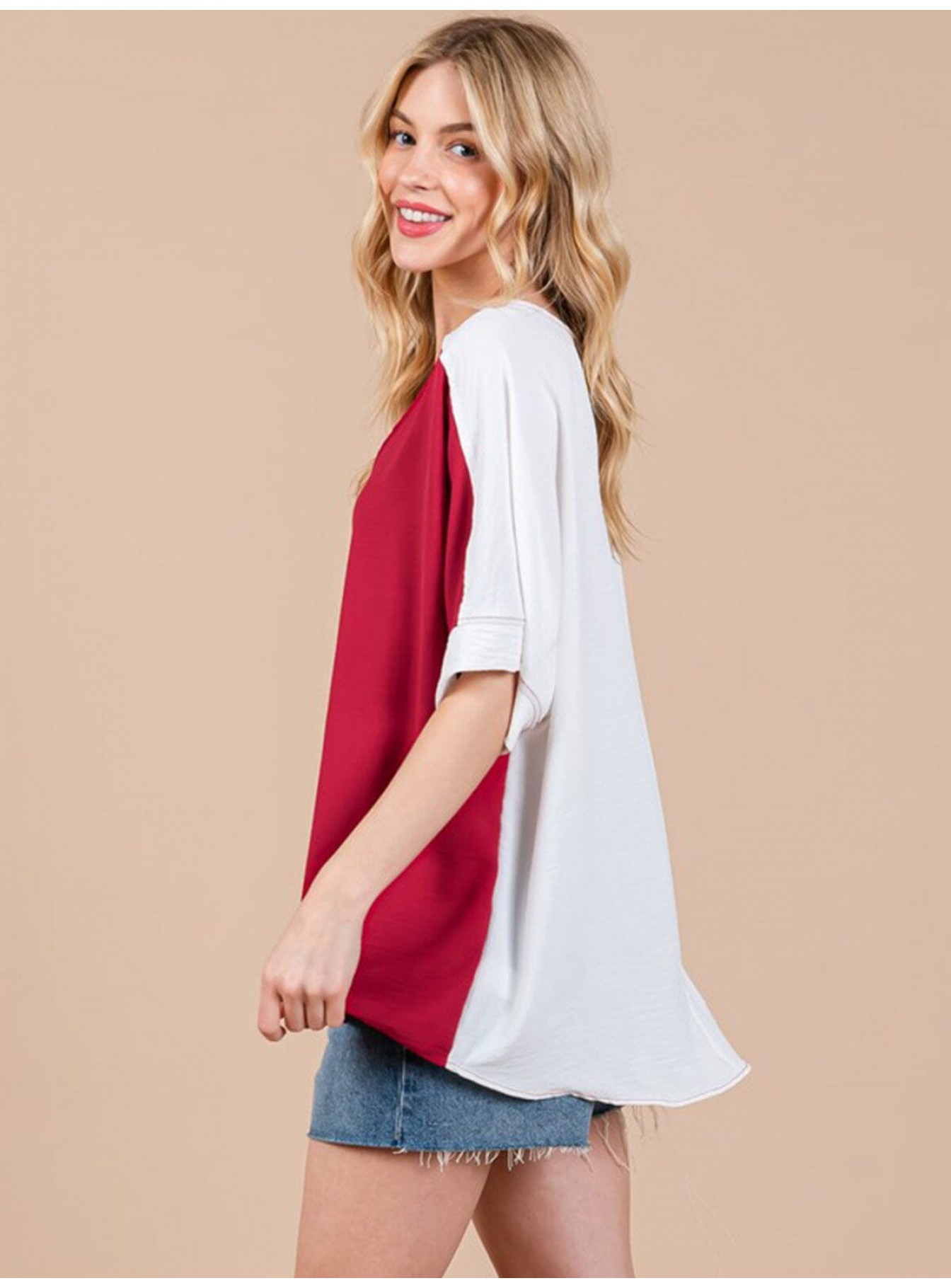 WOMEN'S SHORT SLEEVE V-NECK COLORBLOCK TUNIC HIGH-LOW TOP