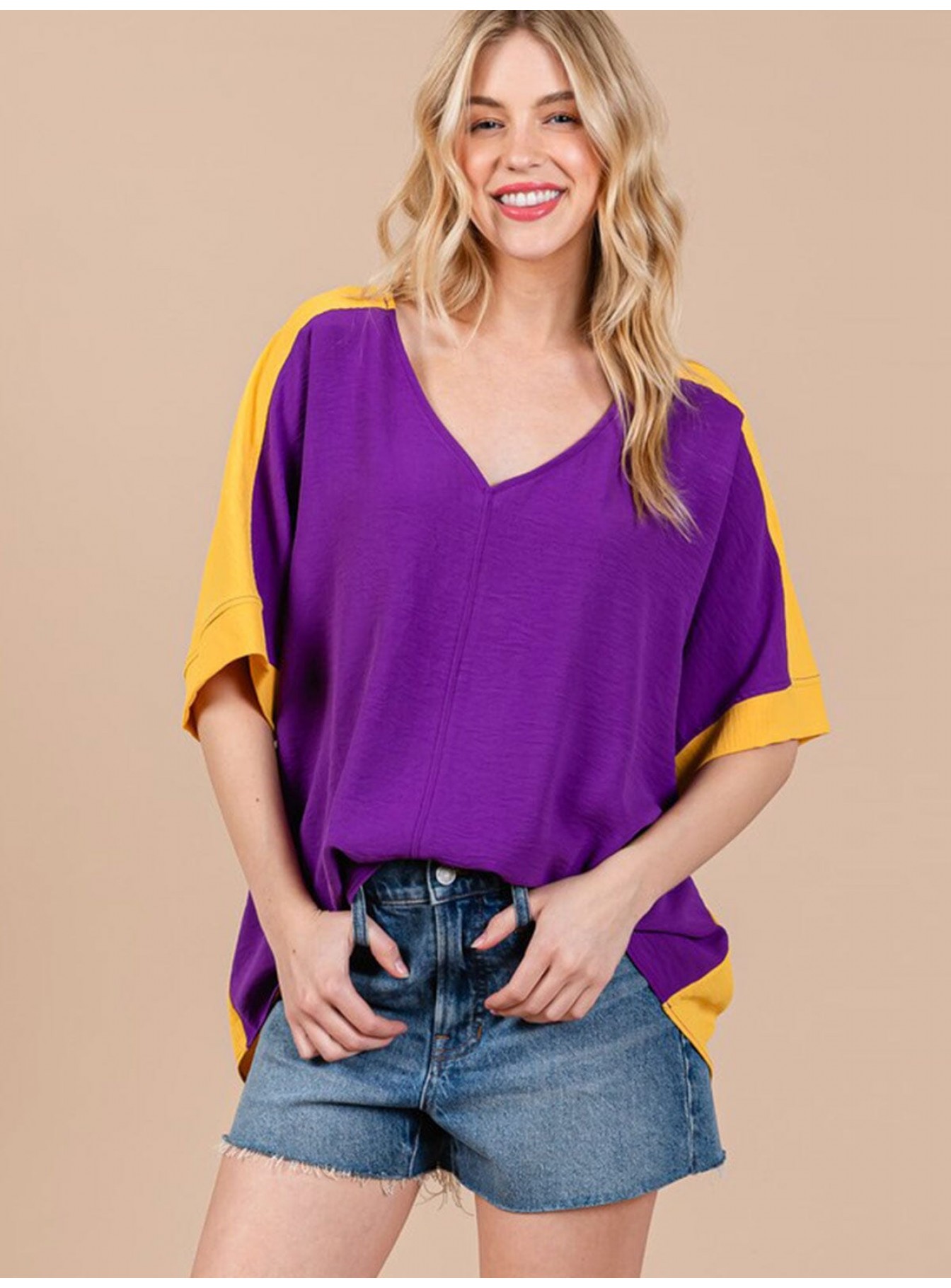 WOMEN'S SHORT SLEEVE V-NECK COLORBLOCK TUNIC HIGH-LOW TOP