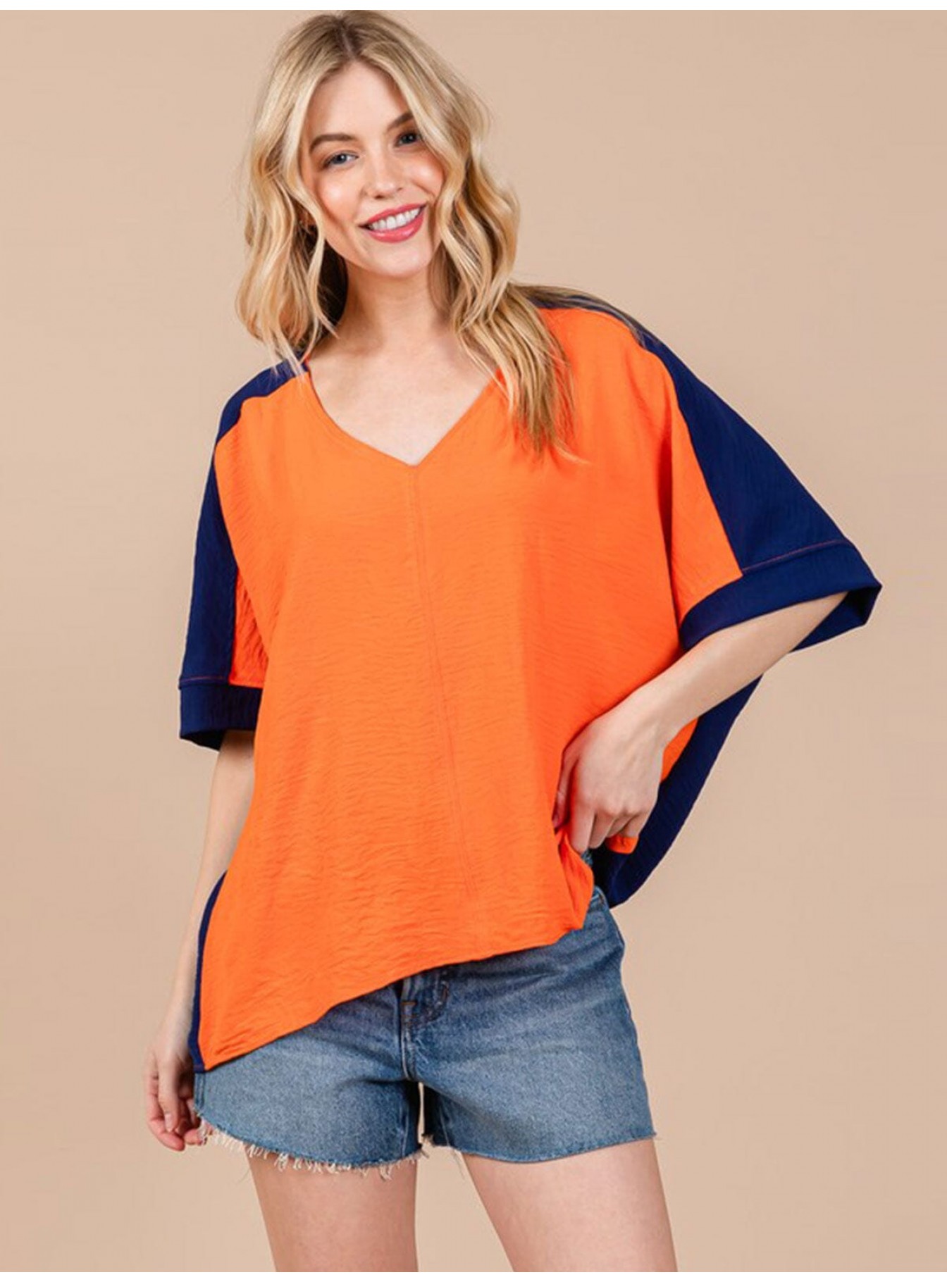 WOMEN'S SHORT SLEEVE V-NECK COLORBLOCK TUNIC HIGH-LOW TOP