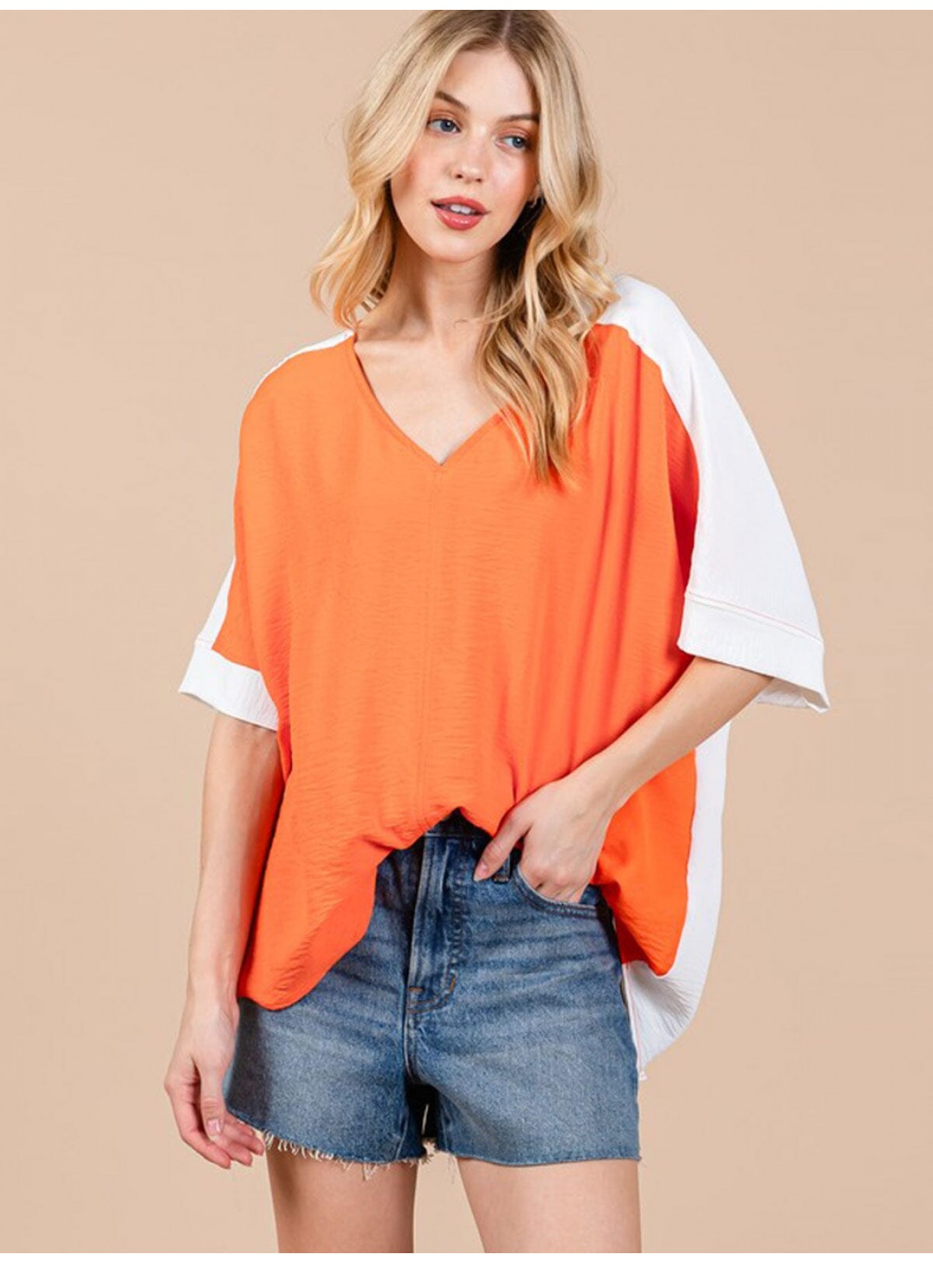 WOMEN'S SHORT SLEEVE V-NECK COLORBLOCK TUNIC HIGH-LOW TOP