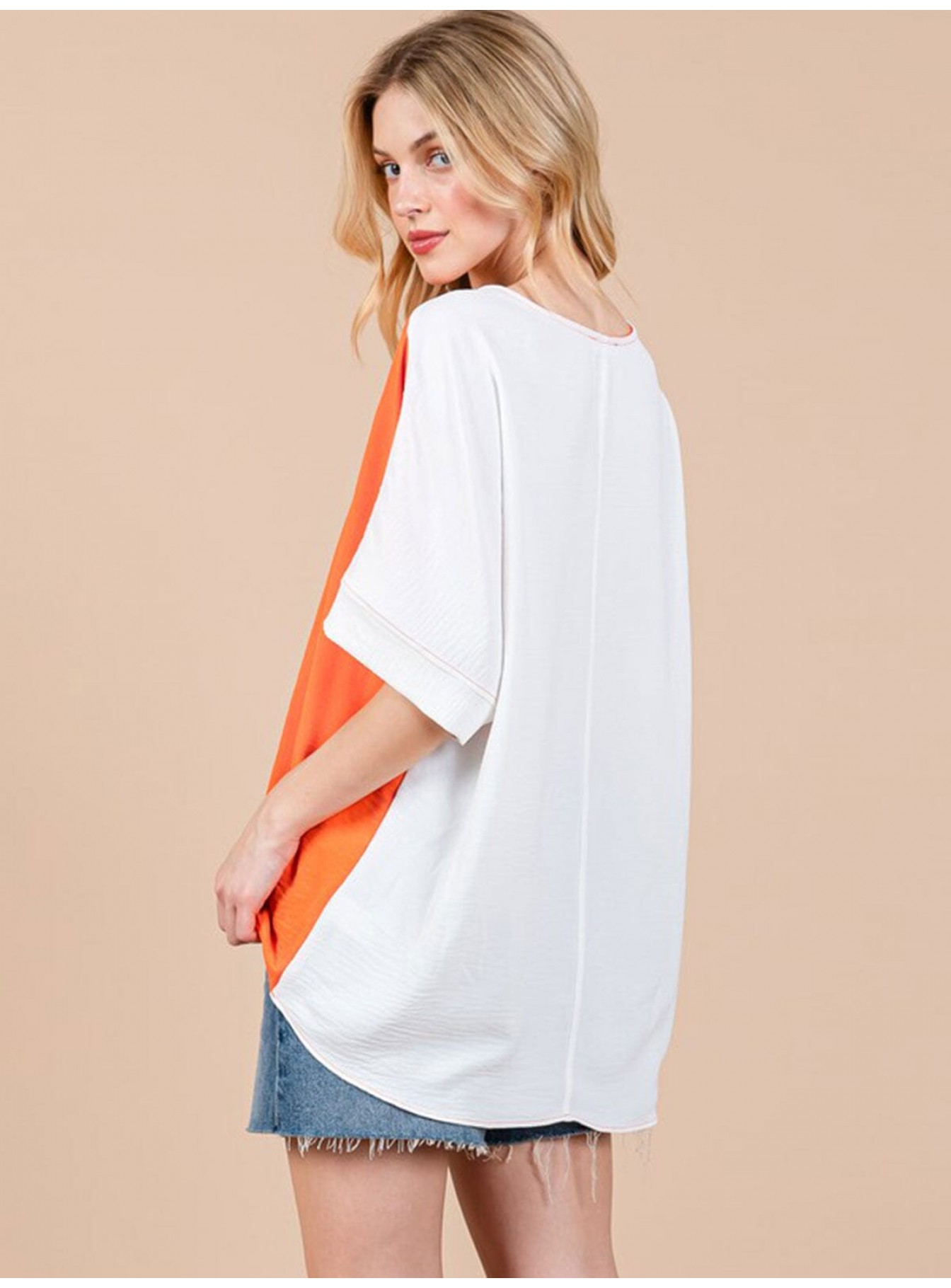WOMEN'S SHORT SLEEVE V-NECK COLORBLOCK TUNIC HIGH-LOW TOP