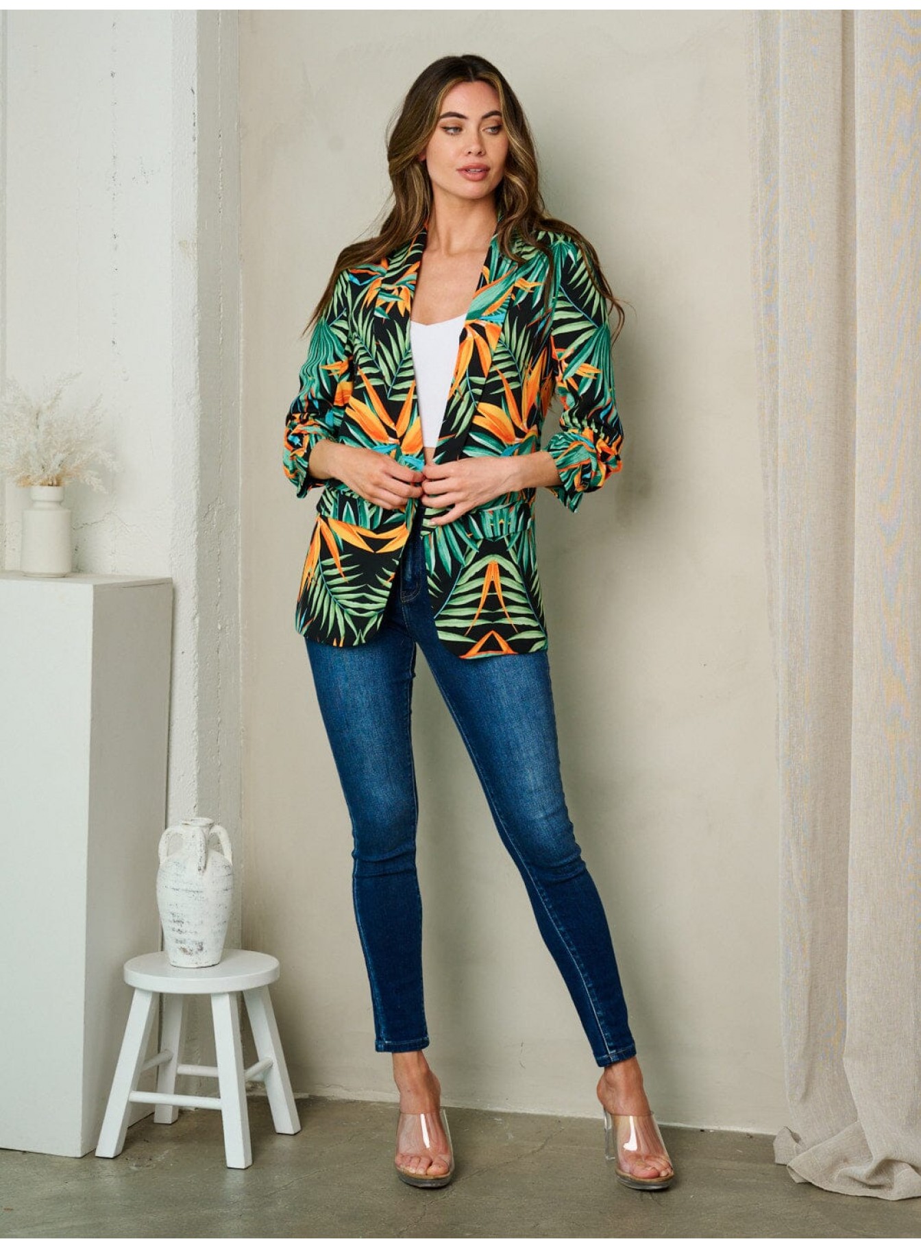 WOMEN'S 3/4 SLEEVE OPEN FRONT LEAF PRINT...