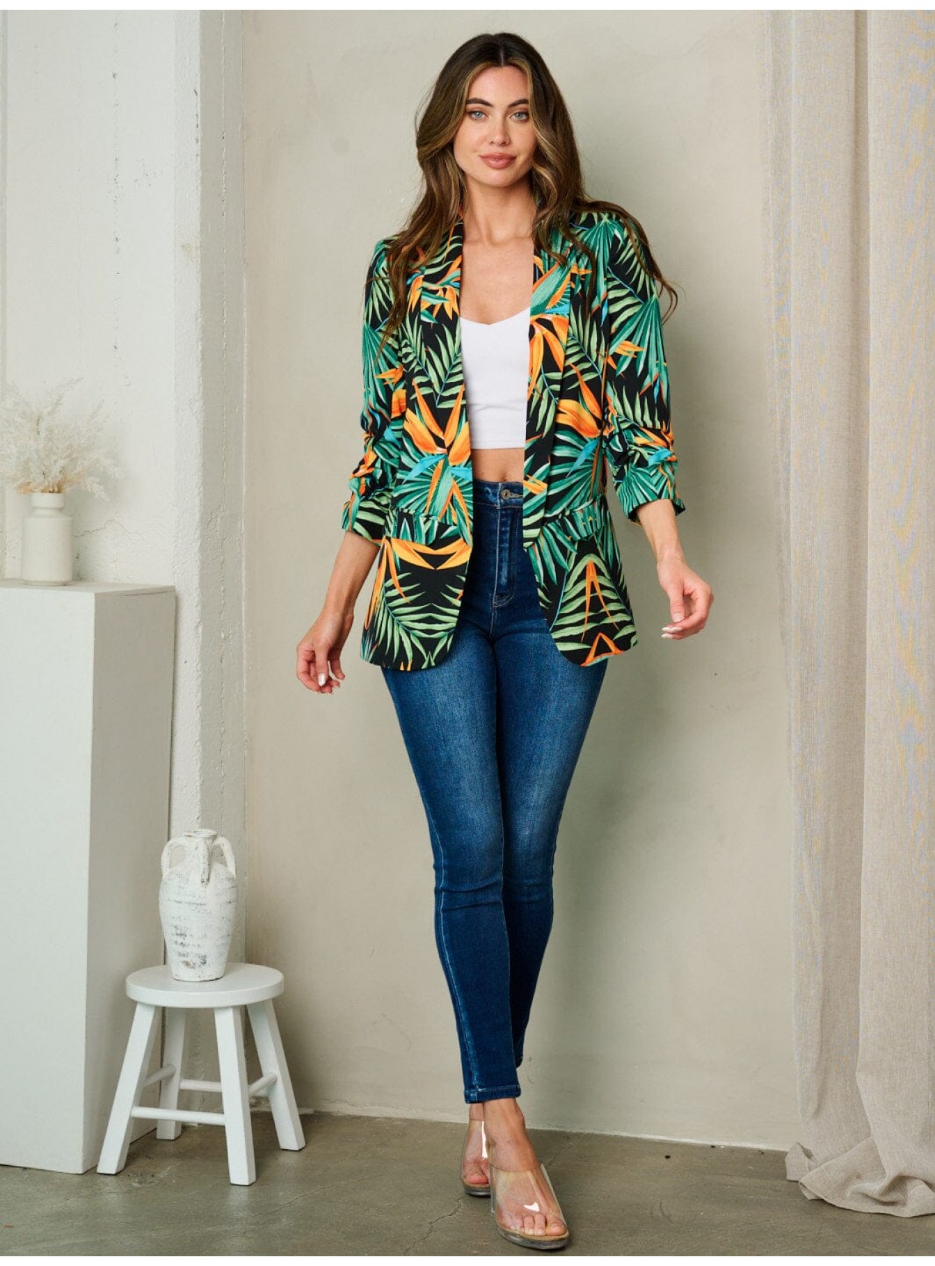 WOMEN'S 3/4 SLEEVE OPEN FRONT LEAF PRINT BLAZER