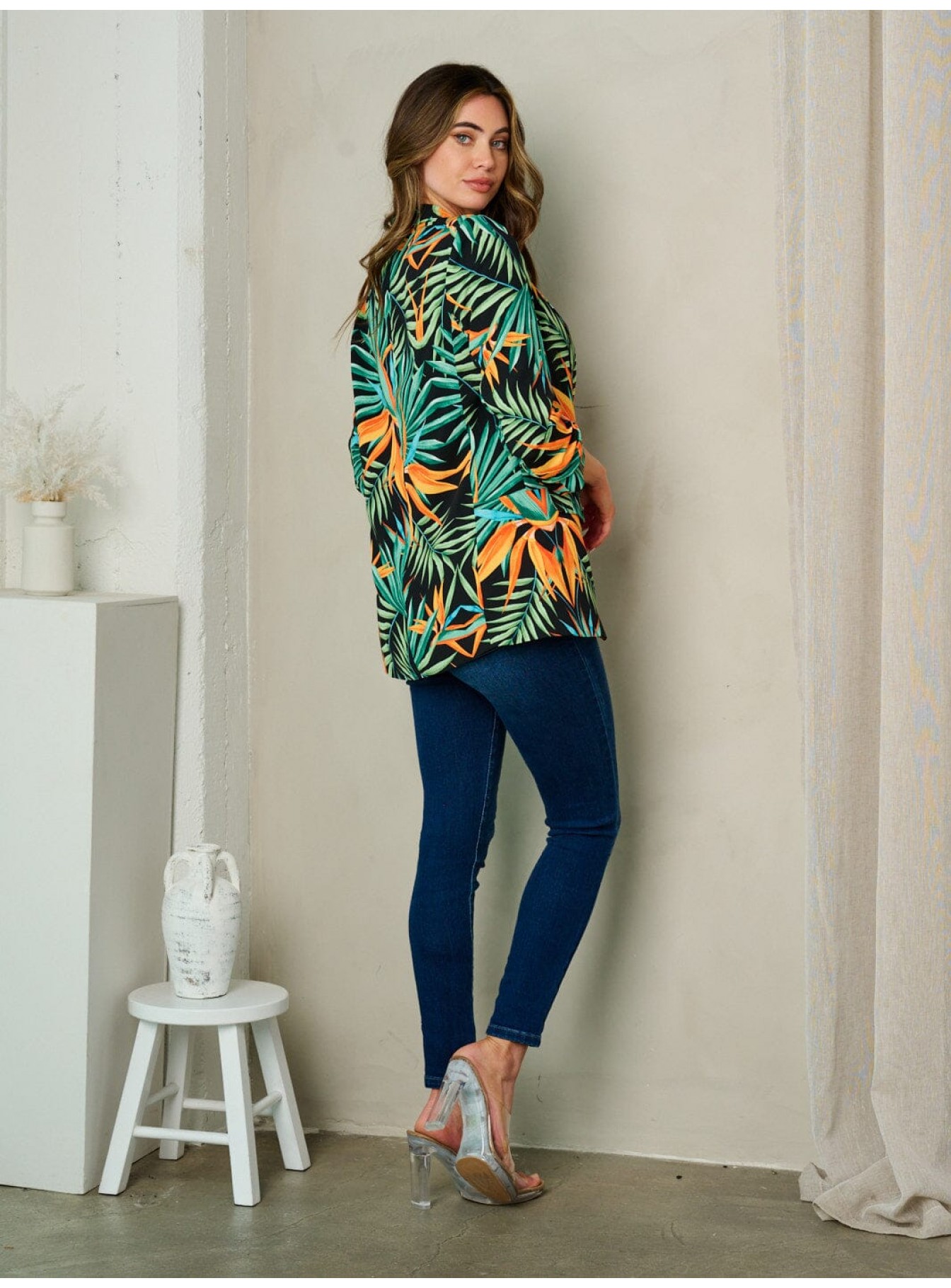 WOMEN'S 3/4 SLEEVE OPEN FRONT LEAF PRINT BLAZER