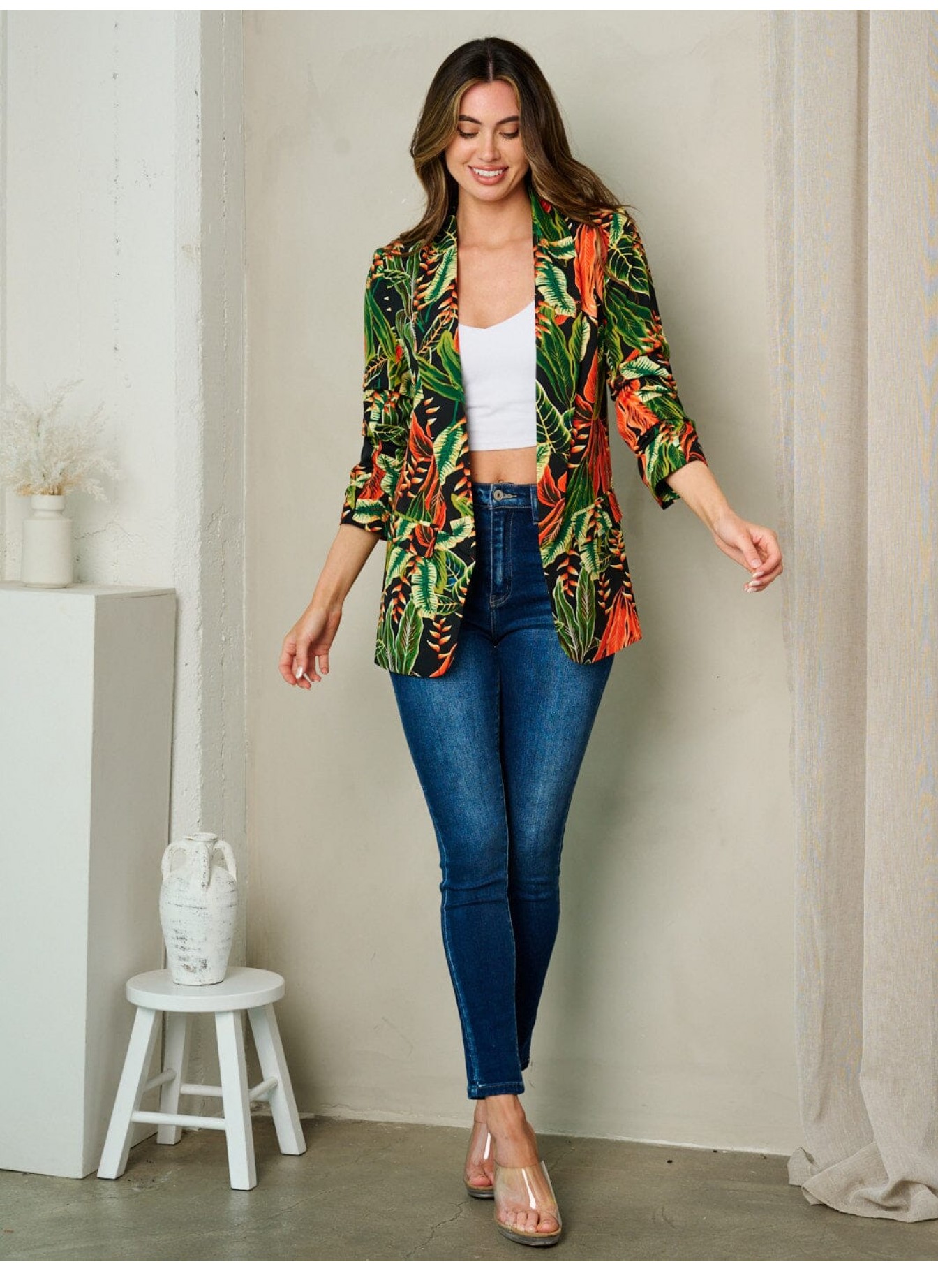 WOMEN'S 3/4 SLEEVE OPEN FRONT MULTI PRINT BLAZER WOMEN'S 3/4 SLEEVE OPEN FRONT MULTI PRINT BLAZER