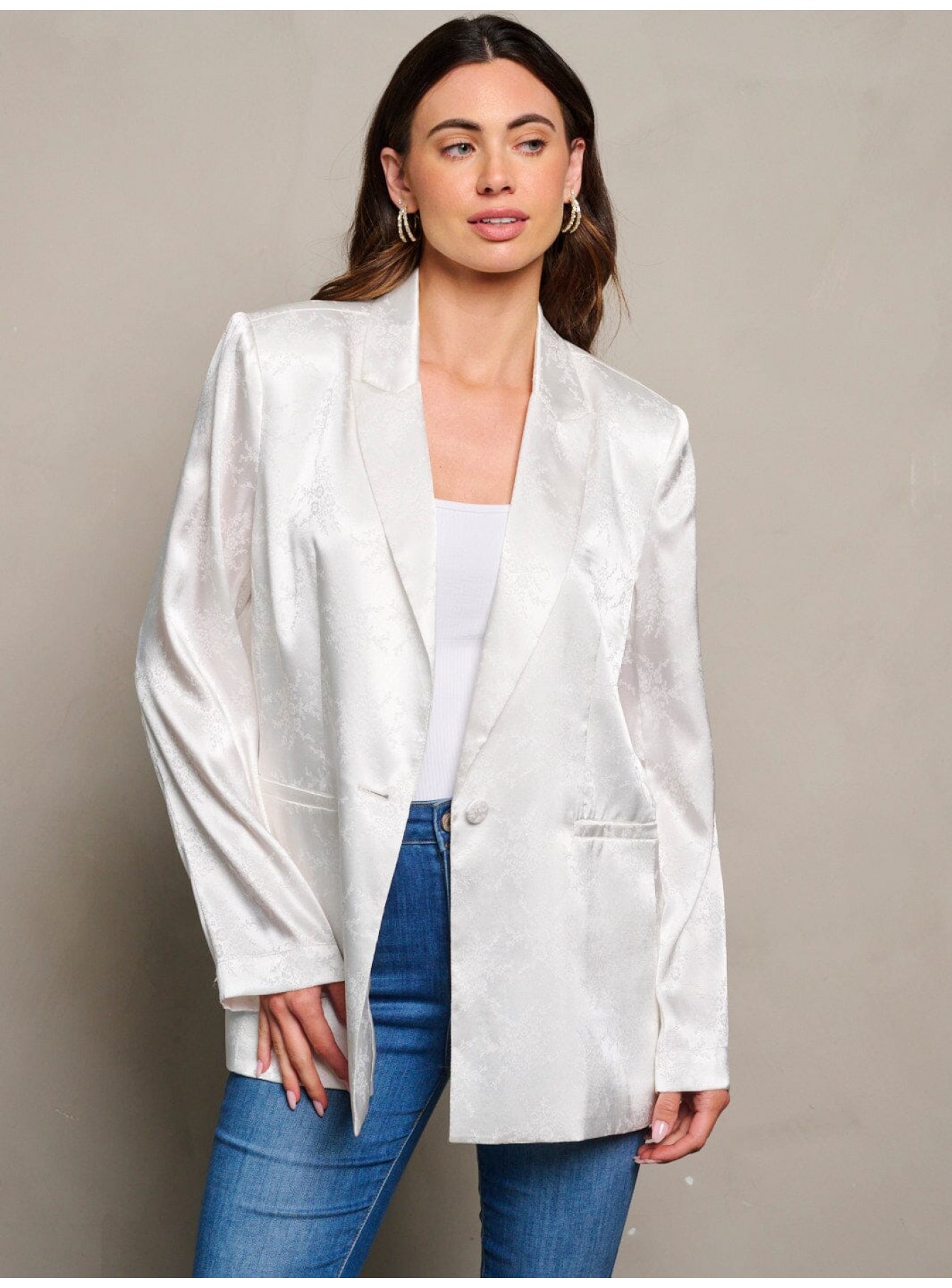 WOMEN'S LONG SLEEVE BUTTON CLOSURE FLORAL JACQUARD BLAZER