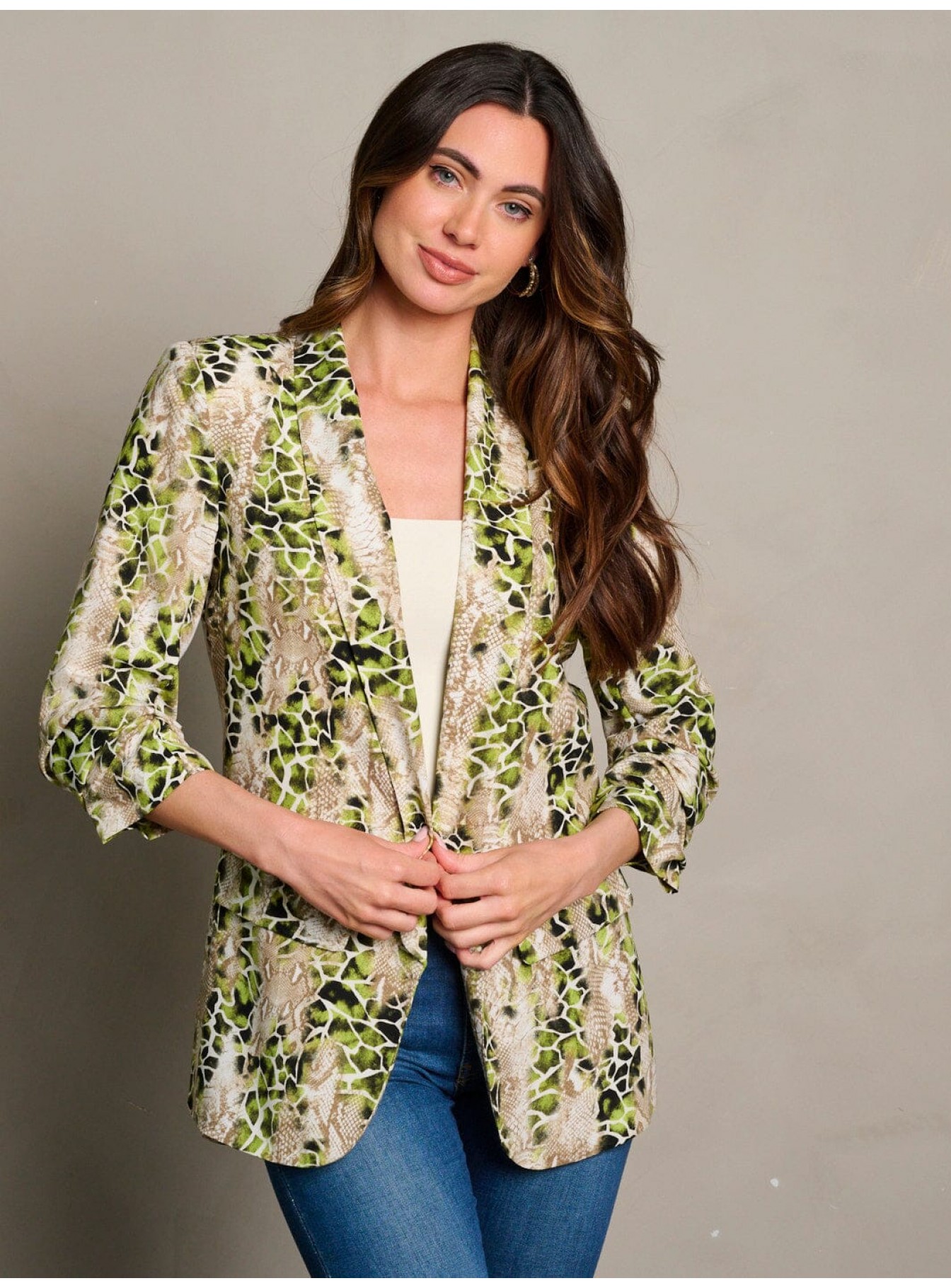 WOMEN'S 3/4 RUCHED SLEEVES OPEN FRONT SN...