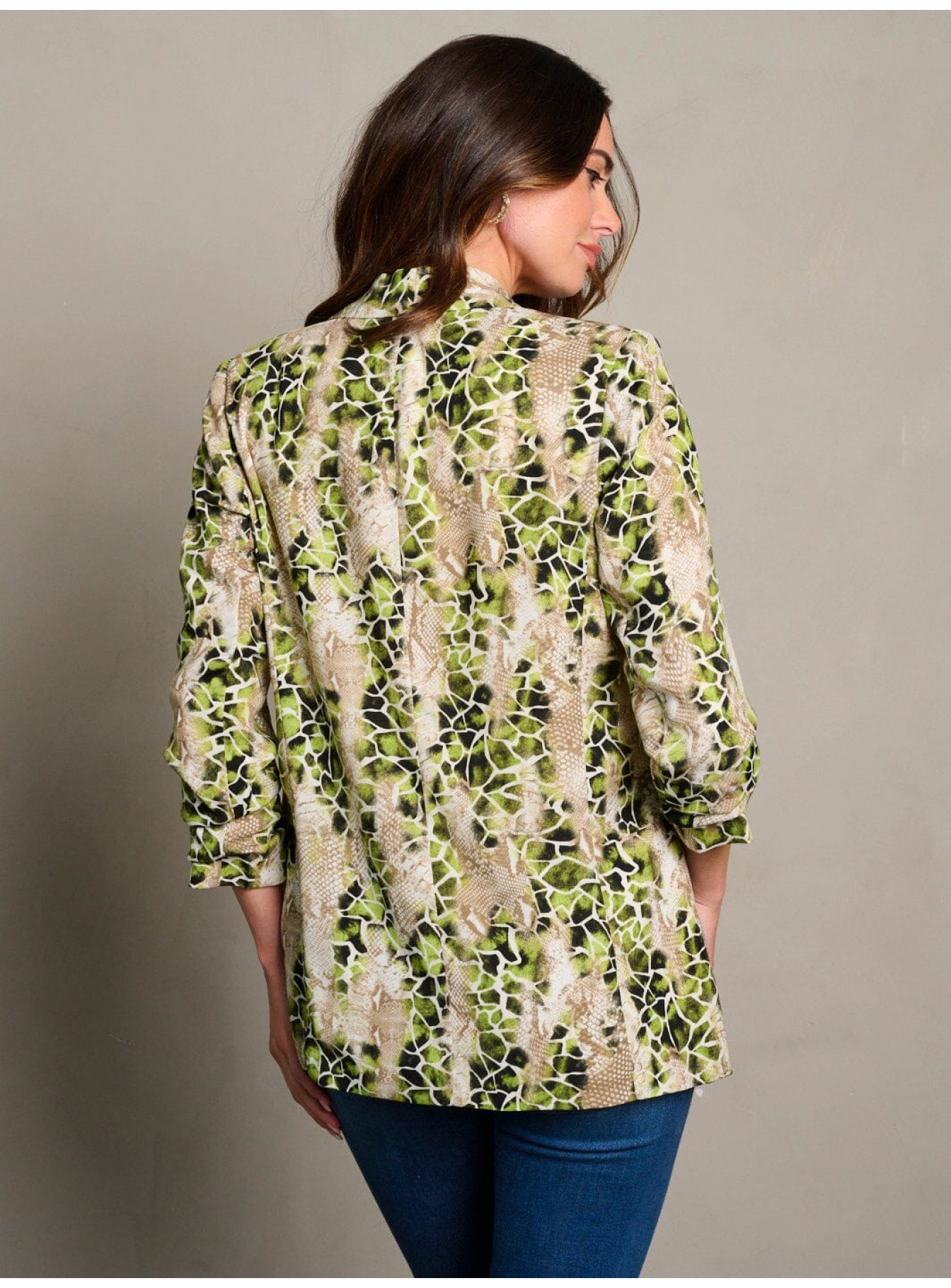 WOMEN'S 3/4 RUCHED SLEEVES OPEN FRONT SNAKE PRINT BLAZER