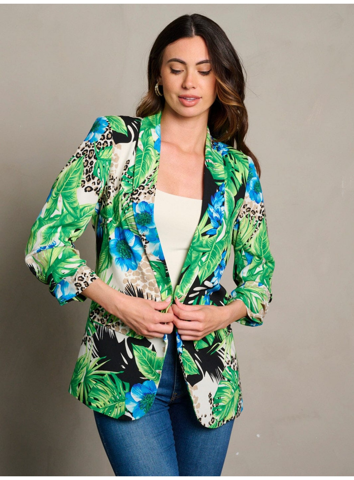 WOMEN'S 3/4 RUCHED SLEEVES OPEN FRONT FL...