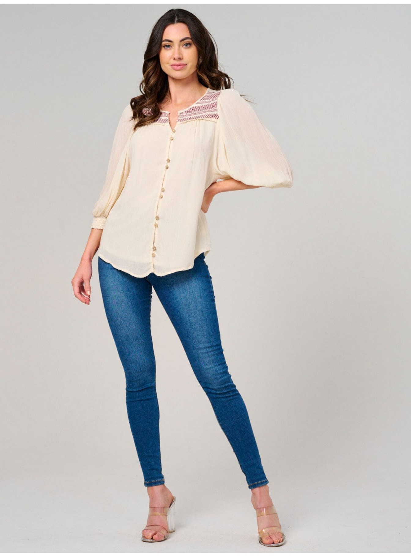 WOMEN'S 3/4 PUFF SLEEVE BUTTON CLOSURE D...