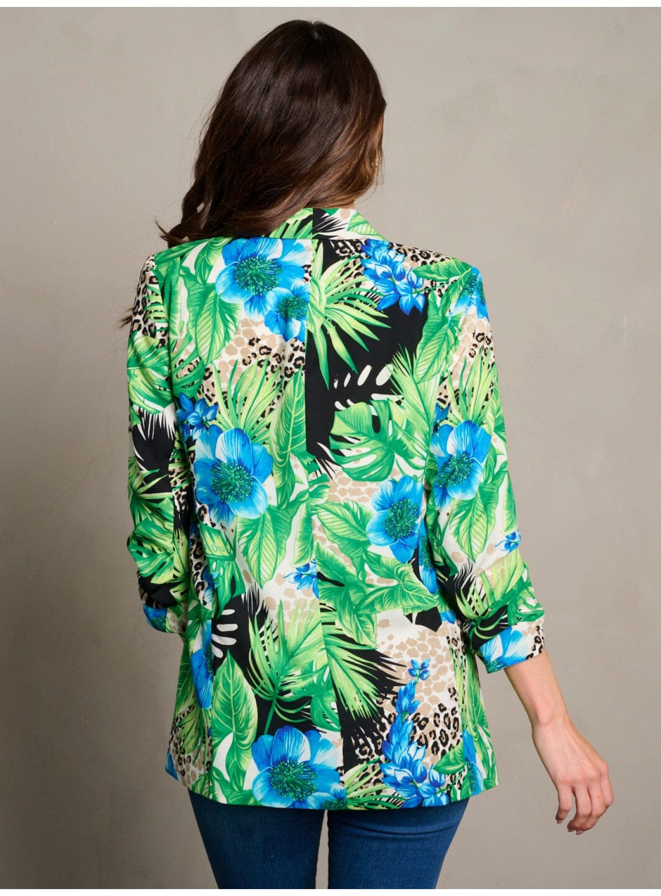 WOMEN'S 3/4 RUCHED SLEEVES OPEN FRONT FLORAL PRINT BLAZER