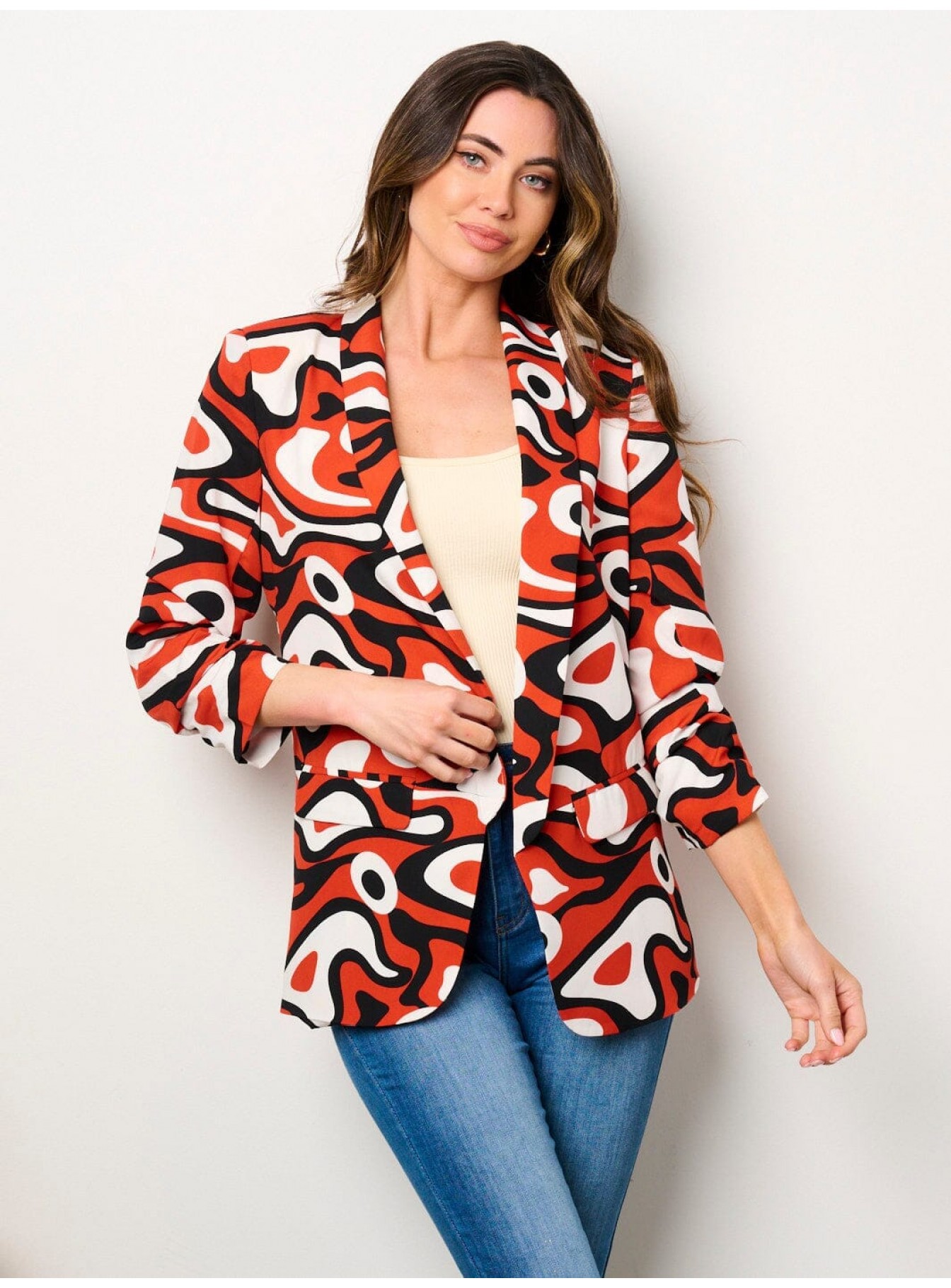 WOMEN'S 3/4 RUCHED SLEEVES OPEN FRONT PO...