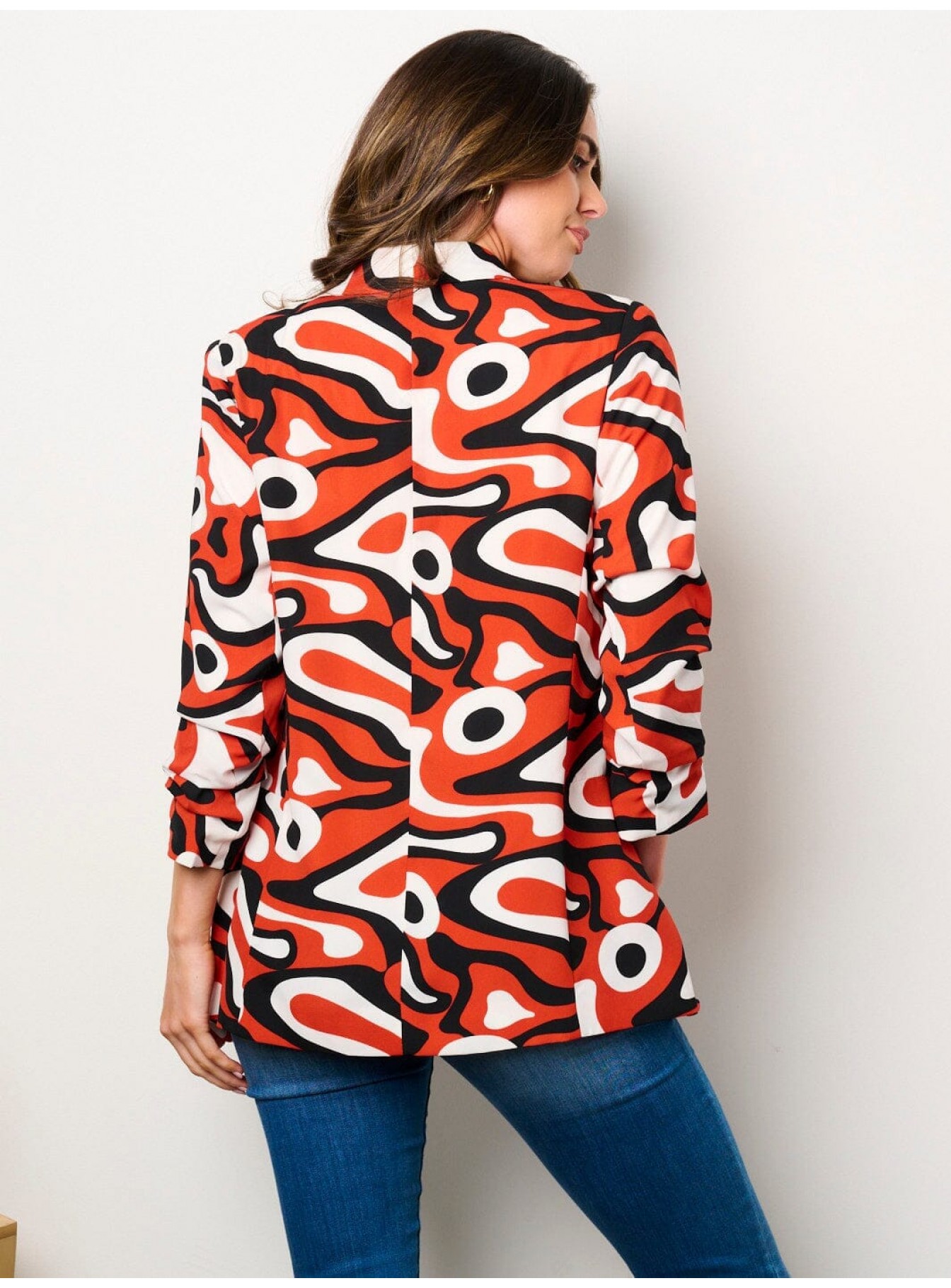 WOMEN'S 3/4 RUCHED SLEEVES OPEN FRONT POCKETS PRINTED BLAZER