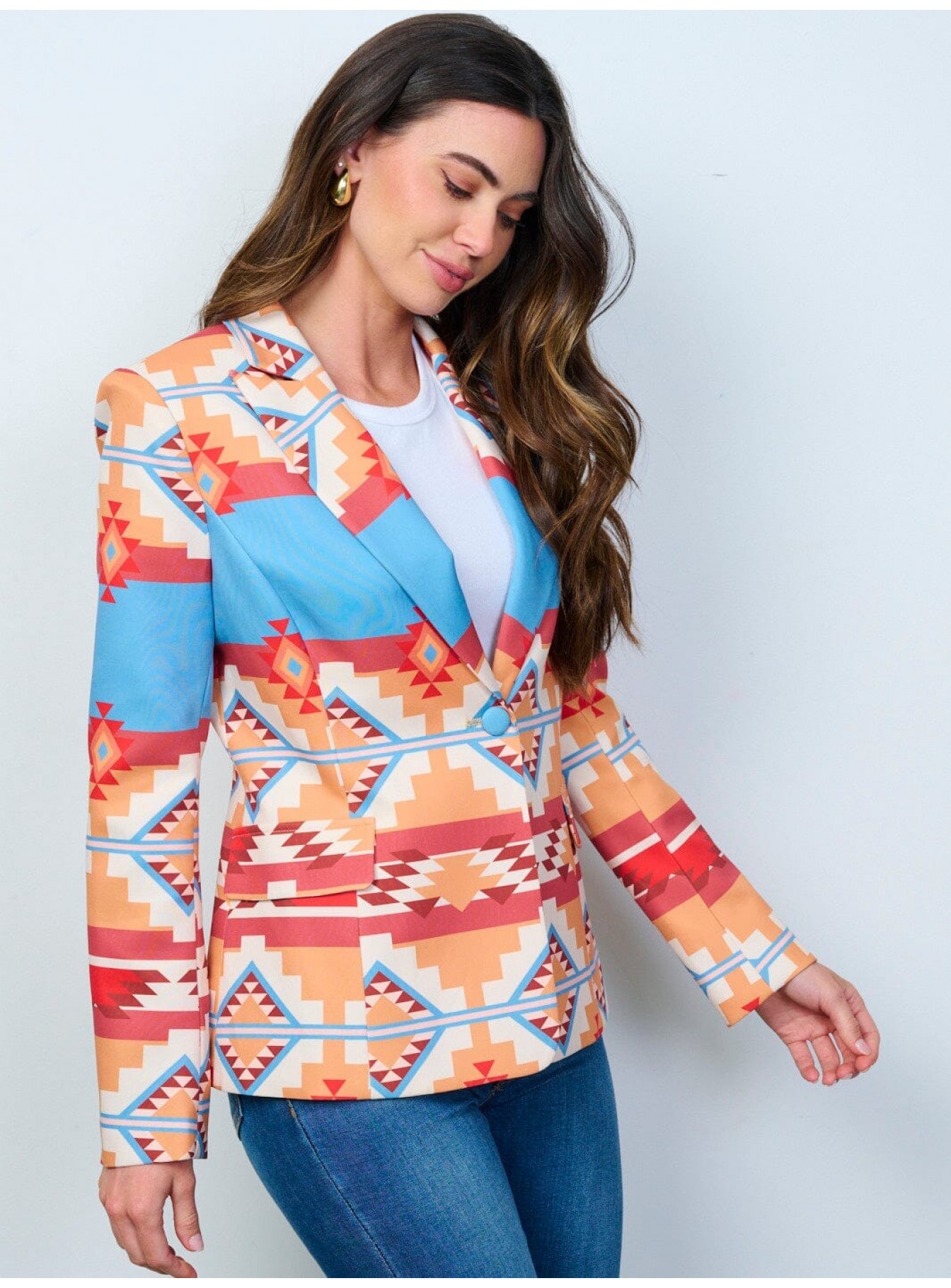 WOMEN'S LONG SLEEVE BUTTON CLOSURE MULTI PRINT BLAZER