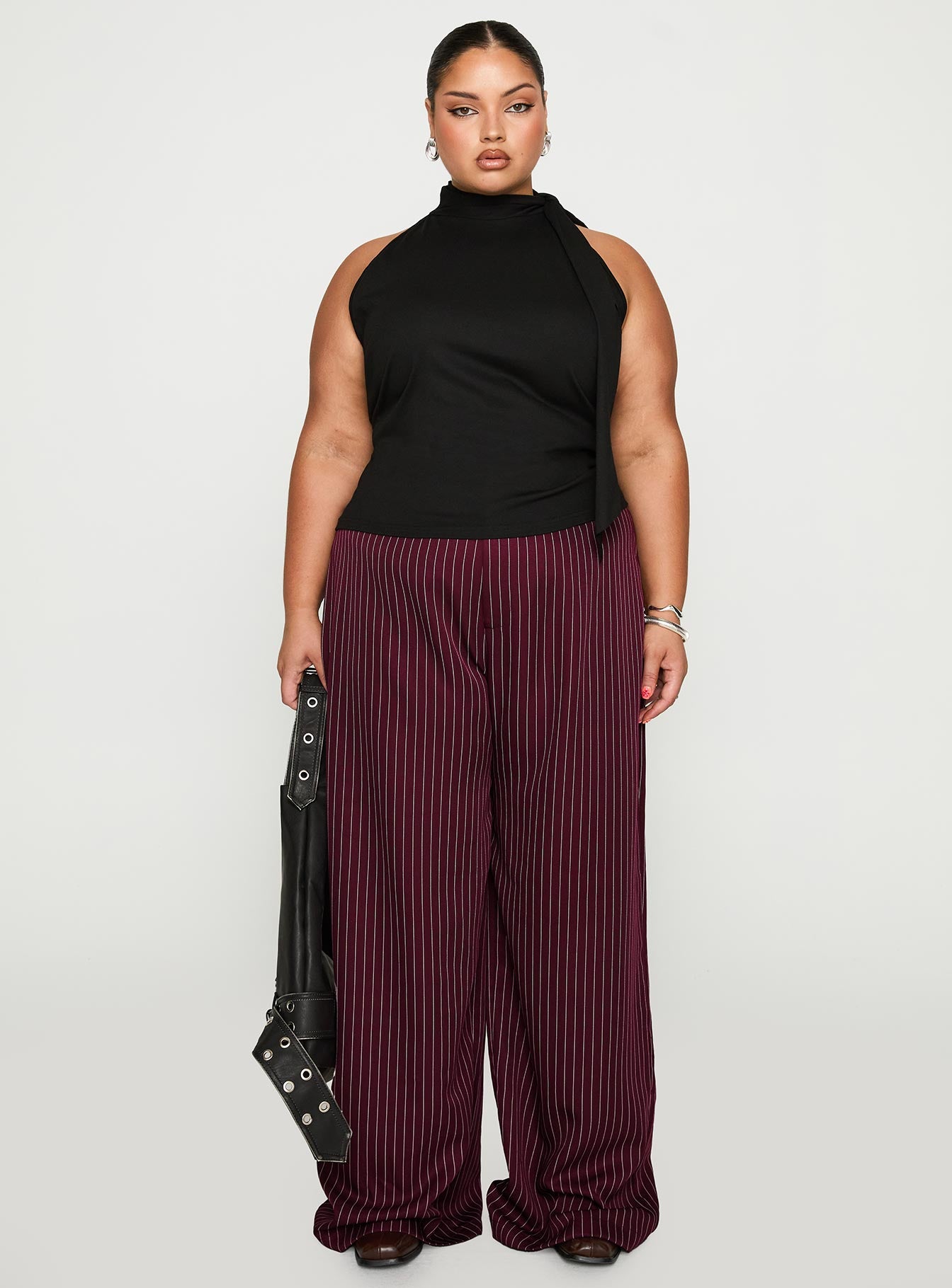 Lorenne Mid Rise Pant Burgundy Pinstripe Curve